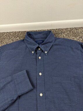Eton Shirt Lightweight Long Sleeve Button Heather Navy Blue Slim Fit XL 17 | 43